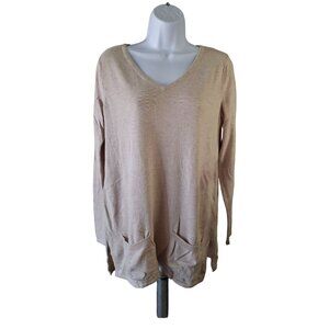New York & Company VNeck Sweater Beige Small Pocket Cozy Preppy Minimalist